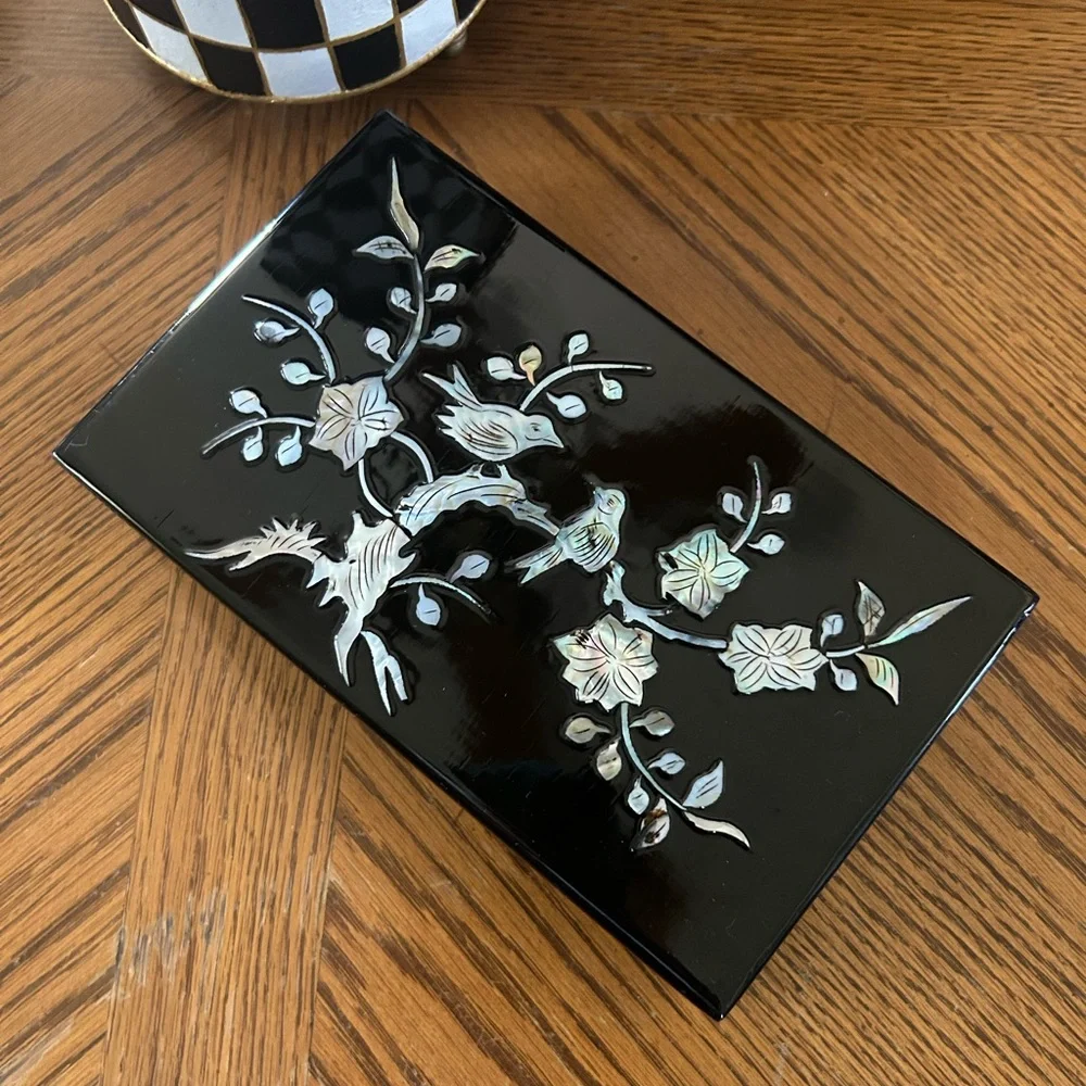 Vintage Asian Black Lacquer Inlay Mother of Pearl Bird Scene Jewelry Box